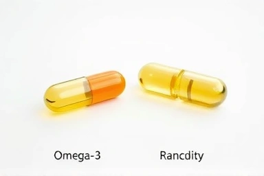 Fresh vs. rancid omega-3 capsules comparison visual.
